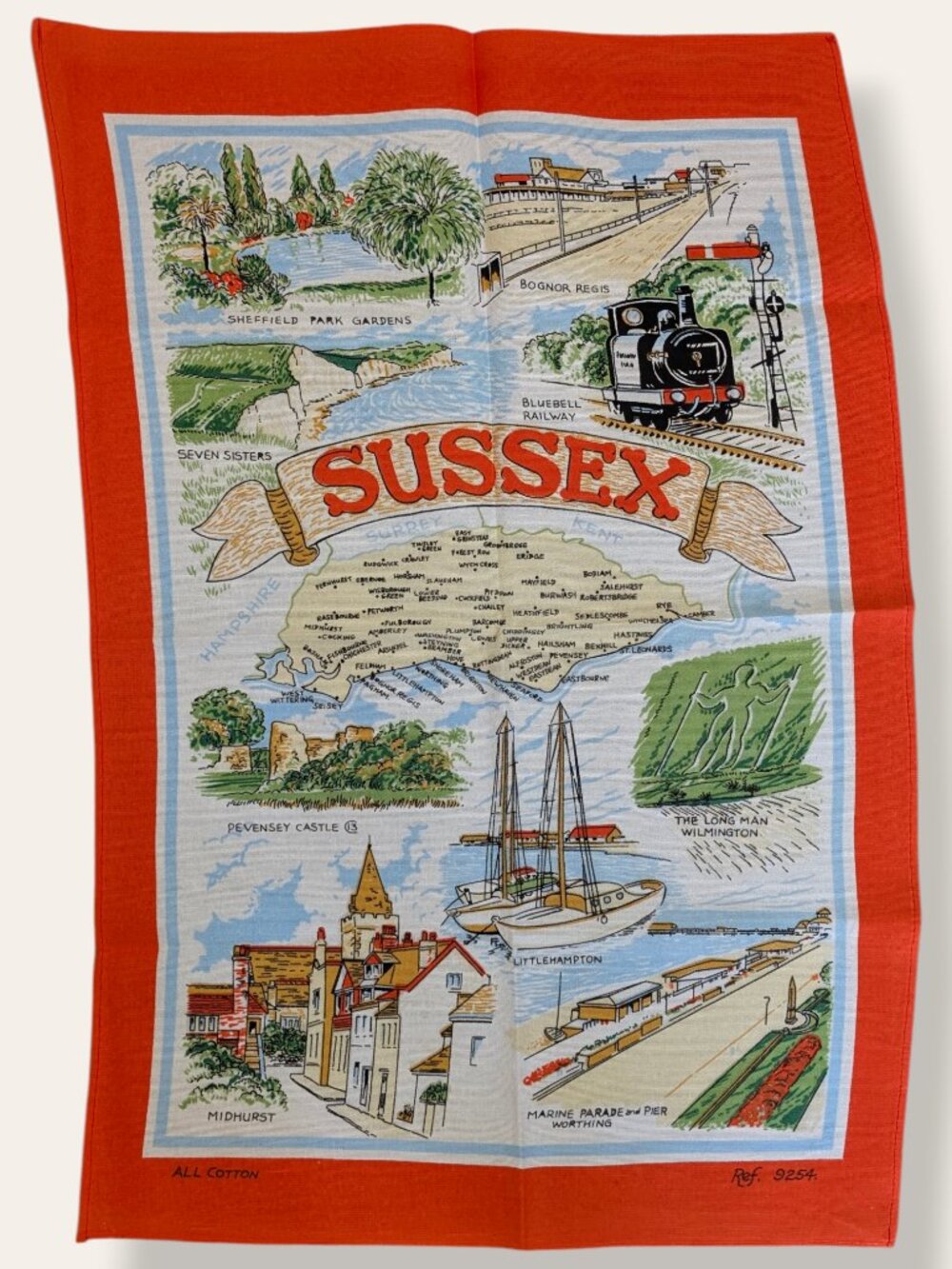 Vintage Sussex 100% Cotton Souvenir Tea Towel